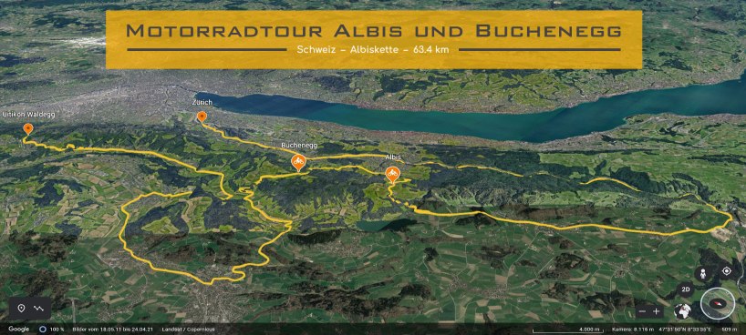 Ausschnitt der Schweizer Karte. Die Strecke der Motorradtour ist eingezeichnet. Im Textfeld steht geschrieben: Motorradtour ueber den Albis und die Buchenegg.