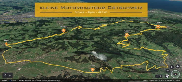 Ausschnitt der Karte Ostschweiz. Die Strecke der Motorradtour ist eingezeichnet. Im Textfeld steht geschrieben: kleine Motorradtour Ostschweiz.