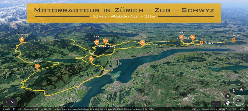 Ausschnitt Schweizer Karte. Die Strecke der Motorradtour ist eingezeichnet. Om Textfeld steht geschrieben: Motorradtour in Zuerich, Zug und Schwyz.