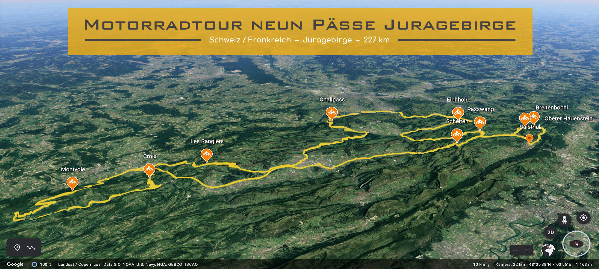 Ausschnitt Karte Schweiz und Frankreich. Die Strecke der Motorradtour ist eingezeichnet. Im Textfeld steht geschrieben: Motorradtour ueber neun Paesse im Juragebirge.