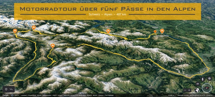 Ausschnitt der Schweizer Karte Ostschweiz und Zentralschweiz. Die Strecke der Motorradtour ist blau markiert. Im Textfeld steht geschrieben: Motorradtour Motorradtour ueber fuenf Paesse in den Alpen. Angabe der Streckenlaenge: 405 Kilometer.