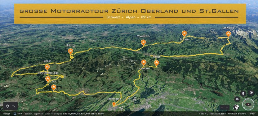 Kartenausschnitt Zürich und Ostschweiz. Die Strecke der Motorradtour ist eingezeichnet. Im Textfeld steht geschrieben: grosse Motorradtour in Zuerich Oberland und St.-Gallen.